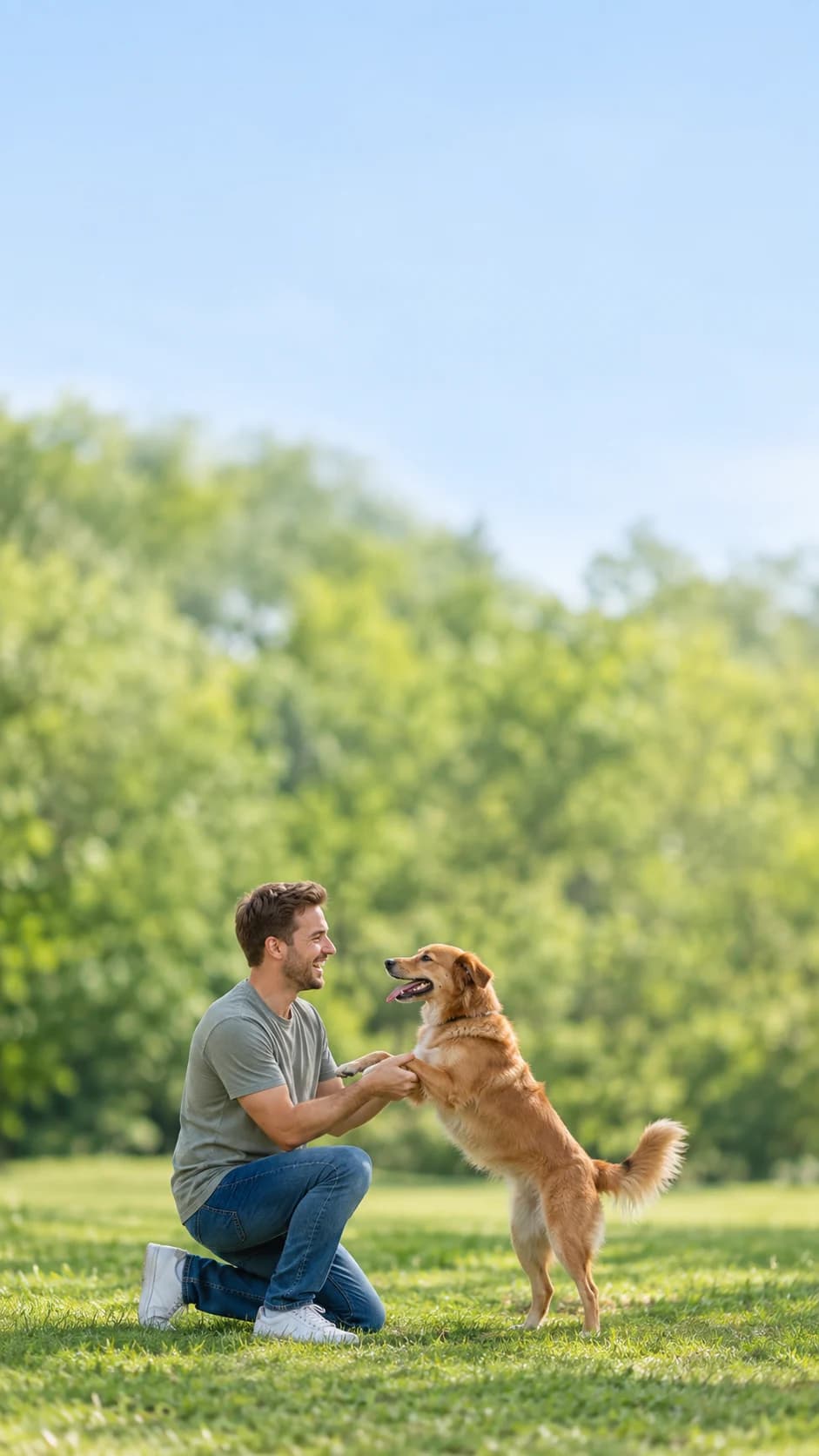 Tutor brincando com o cachorro em um parque