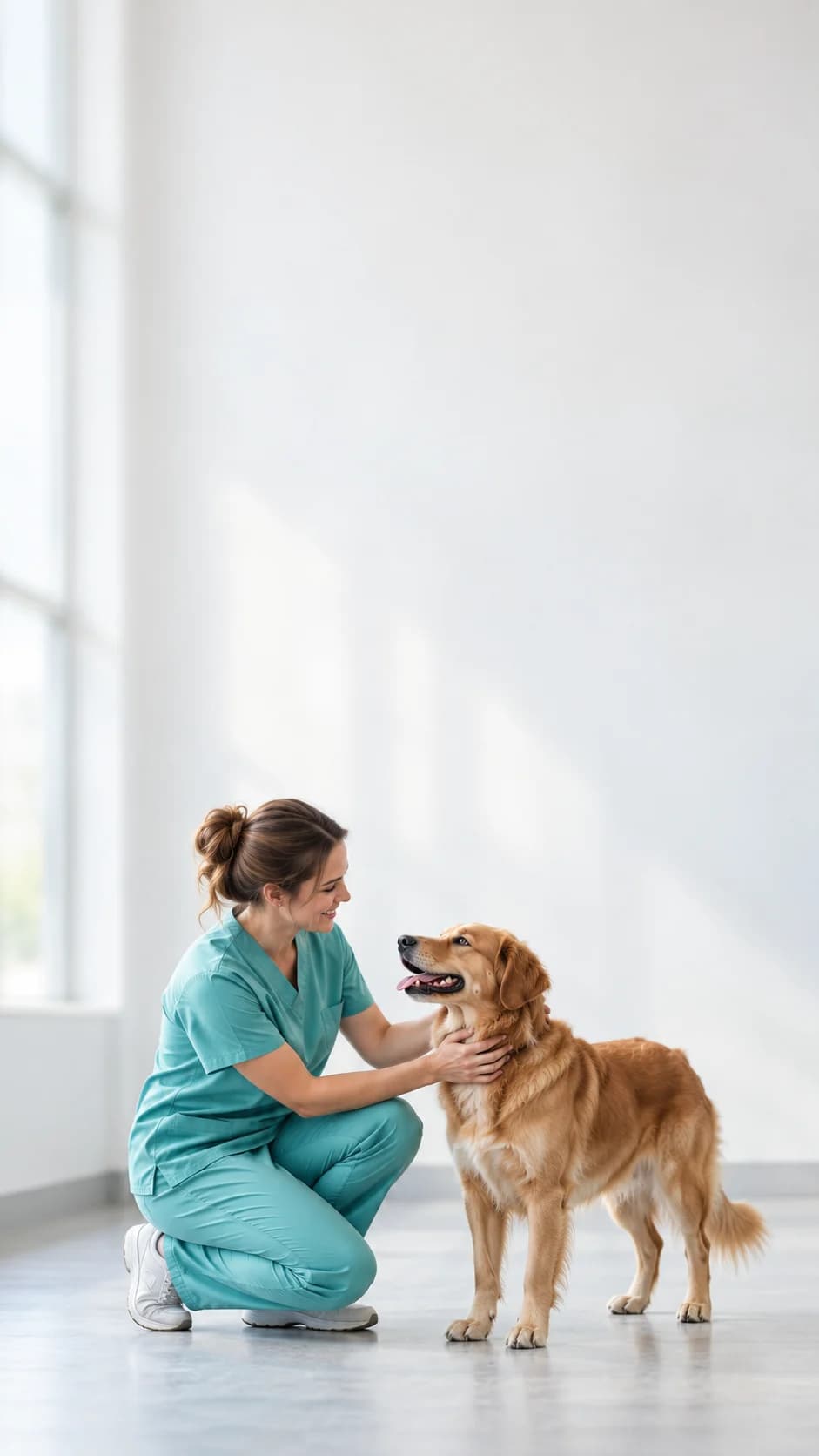 Veterinária atendendo um cachorro ao lado do tutor